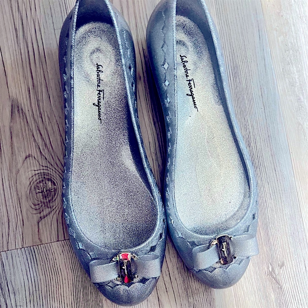 Salvatore Ferragamo metallic silver jelly flats